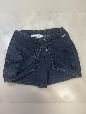 Auth. Christian Dior Kids Navy Blue Denim Cargo Shorts Girls 6A Drawstring Waist